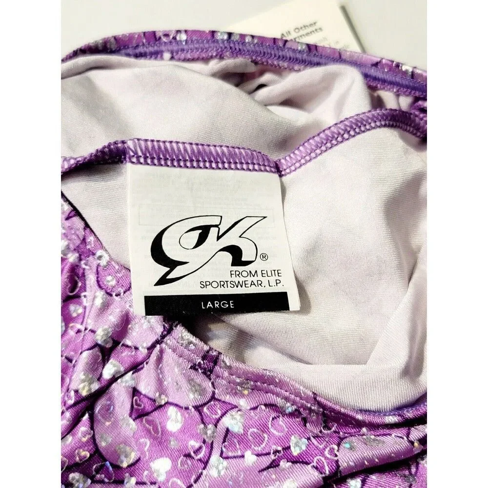 GK Elite Gymnastics Dance Racerback Keyhole Leotard Foil Hearts Purple Adult L